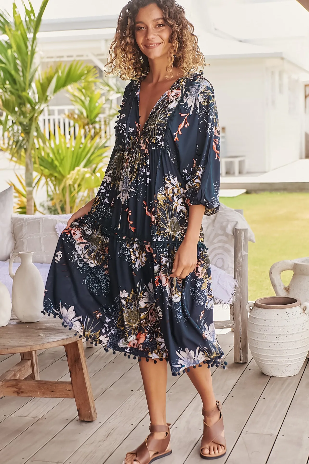 Palace Midi Dress - Pom Pom Spliced Batwing Sleeve Dress with Neck Tie in Indigo Print>Jaase Best