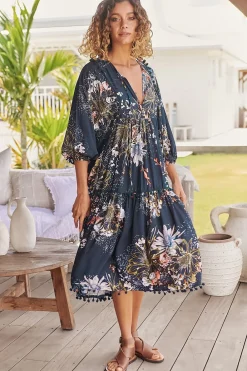 Palace Midi Dress - Pom Pom Spliced Batwing Sleeve Dress with Neck Tie in Indigo Print><noscript><img width=