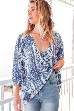 Palas Top - V Neck Slouch Blouse with Criss Cross Bust Tie In Denim Dreams Print><noscript><img width=