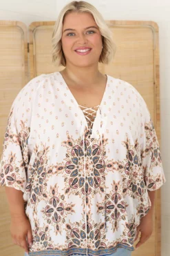 Palas Top - V Neck Slouch Blouse with Criss Cross Bust Tie In Gemstone Print>Jaase Clearance