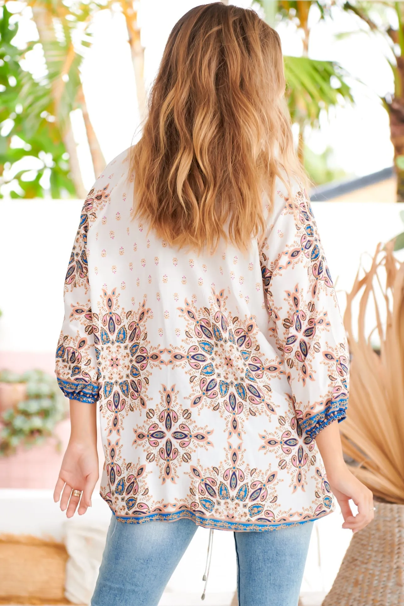 Palas Top - V Neck Slouch Blouse with Criss Cross Bust Tie In Gemstone Print>Jaase Clearance