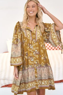Palma Mini Dress - Long Sleeve Button Down Smock Dress with Neck Tie in Emre Print>Jaase Sale