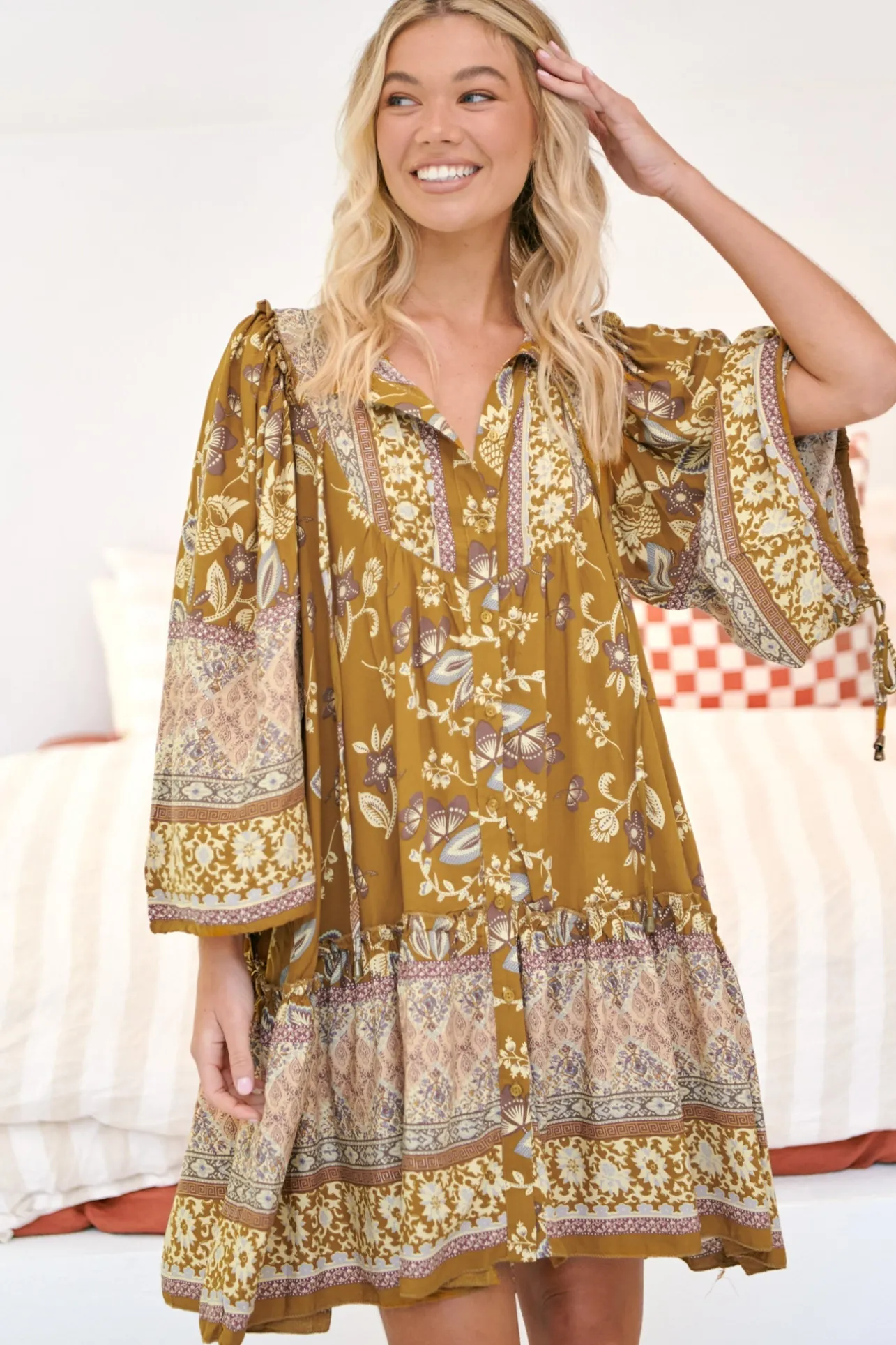 Palma Mini Dress - Long Sleeve Button Down Smock Dress with Neck Tie in Emre Print>Jaase Sale