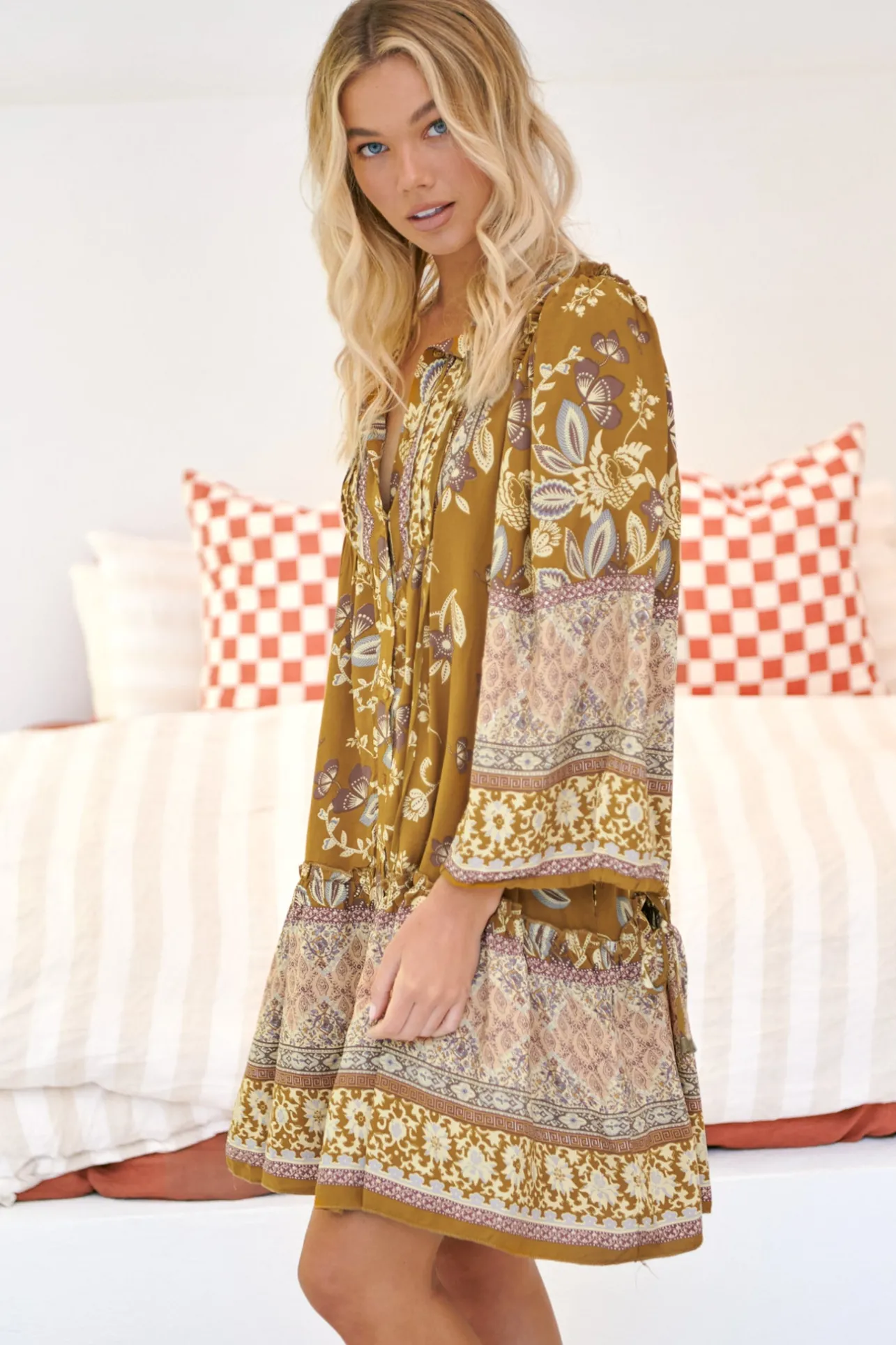 Palma Mini Dress - Long Sleeve Button Down Smock Dress with Neck Tie in Emre Print>Jaase Sale