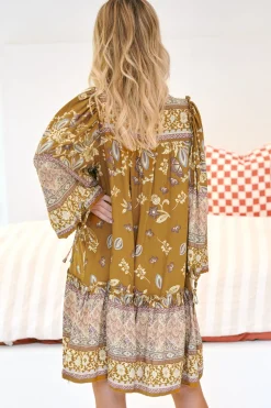 Palma Mini Dress - Long Sleeve Button Down Smock Dress with Neck Tie in Emre Print><noscript><img width=