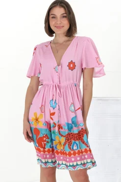 Pammy Mini Dress - Cape Sleeve Pull Tie Mini Dress in Pippa Print Pink>Salty Crush Sale