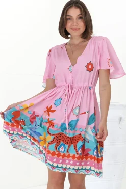 Pammy Mini Dress - Cape Sleeve Pull Tie Mini Dress in Pippa Print Pink><noscript><img width=