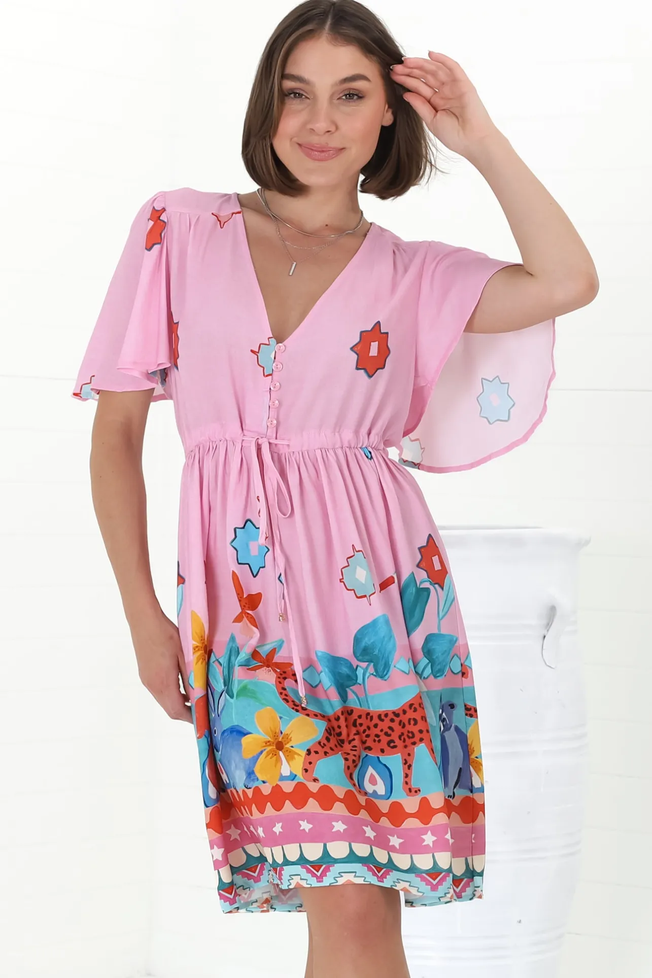 Pammy Mini Dress - Cape Sleeve Pull Tie Mini Dress in Pippa Print Pink>Salty Crush Sale