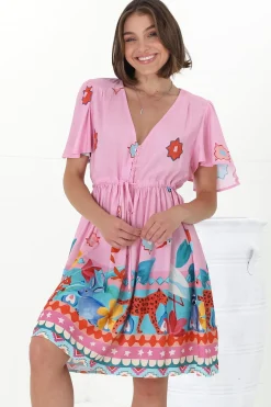 Pammy Mini Dress - Cape Sleeve Pull Tie Mini Dress in Pippa Print Pink><noscript><img width=