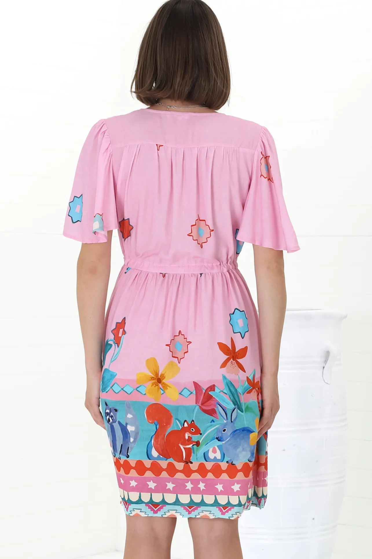 Pammy Mini Dress - Cape Sleeve Pull Tie Mini Dress in Pippa Print Pink>Salty Crush Sale