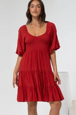 Parkley Mini Dress - On or Off Shoulder Textured Tiered Dress in Rust>Salty Crush New