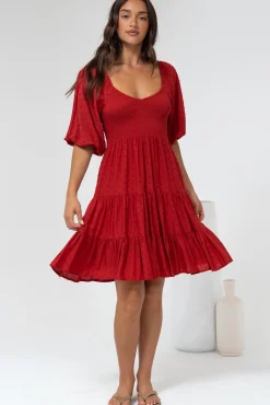 Parkley Mini Dress - On or Off Shoulder Textured Tiered Dress in Rust><noscript><img width=