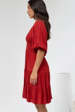Parkley Mini Dress - On or Off Shoulder Textured Tiered Dress in Rust><noscript><img width=