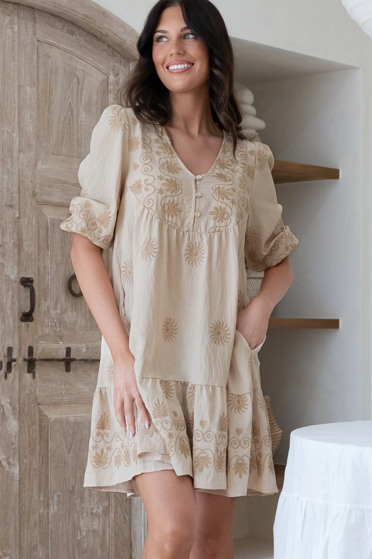 Patty Mini Dress - V-Neck Embroidered Babydoll Dress with 3/4 Sleeves in Solsana Print Beige>Salty Crush Outlet