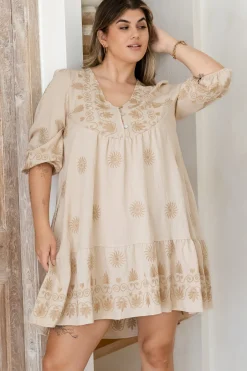 Patty Mini Dress - V-Neck Embroidered Babydoll Dress with 3/4 Sleeves in Solsana Print Beige><noscript><img width=
