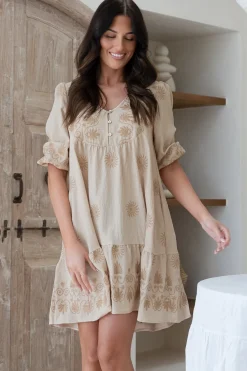 Patty Mini Dress - V-Neck Embroidered Babydoll Dress with 3/4 Sleeves in Solsana Print Beige><noscript><img width=