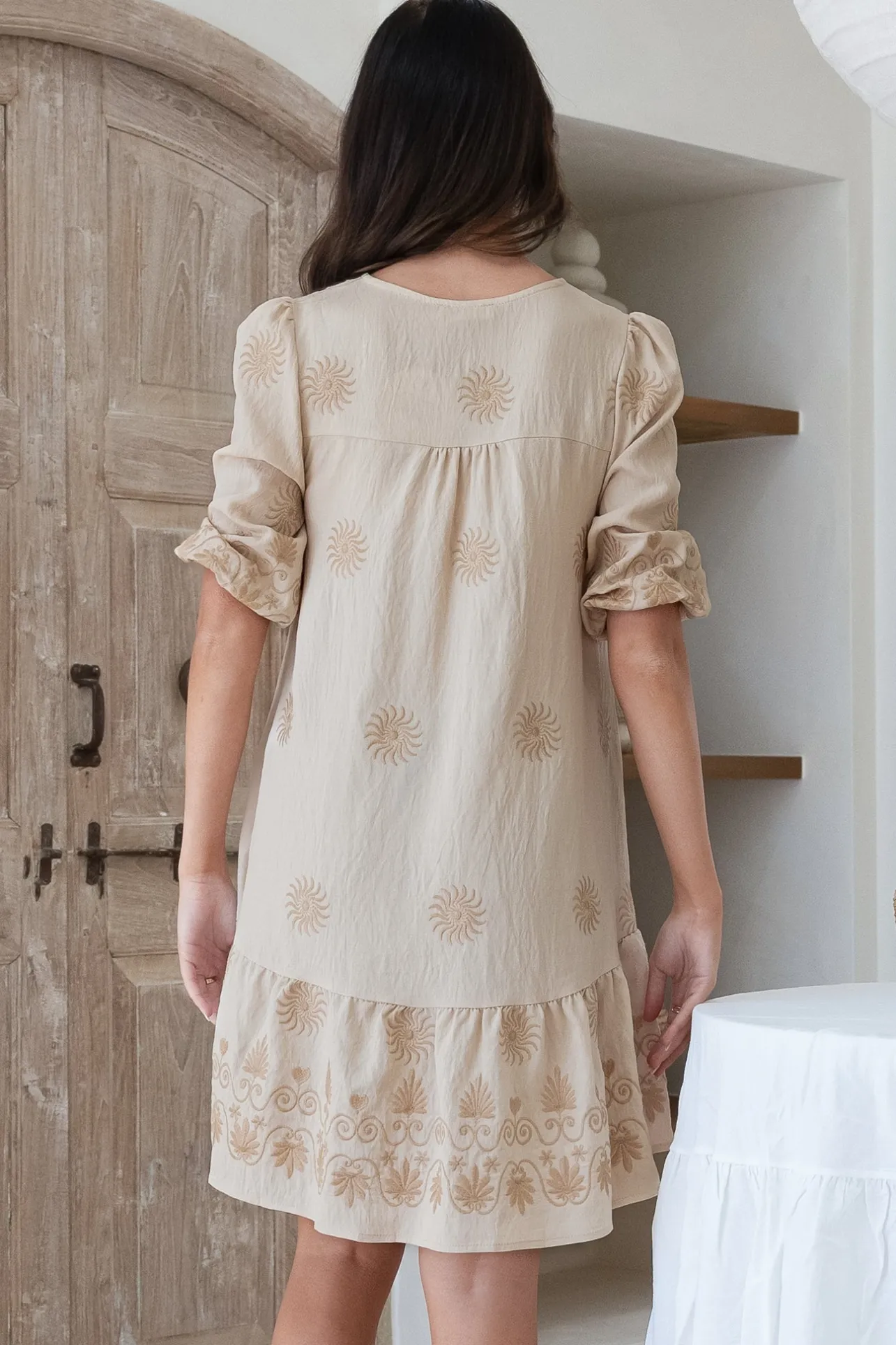 Patty Mini Dress - V-Neck Embroidered Babydoll Dress with 3/4 Sleeves in Solsana Print Beige>Salty Crush Outlet