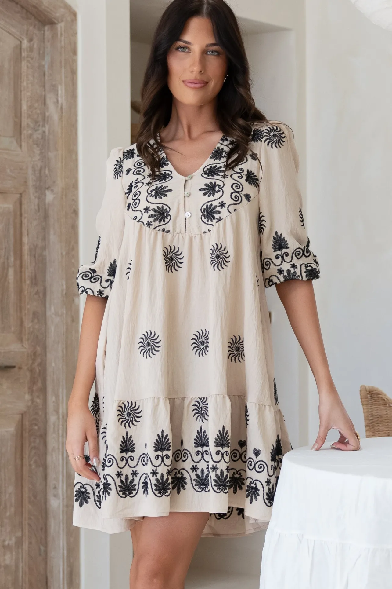 Patty Mini Dress - V-Neck Embroidered Babydoll Dress with 3/4 Sleeves in Solsana Print in Black>Salty Crush Discount