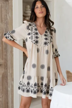 Patty Mini Dress - V-Neck Embroidered Babydoll Dress with 3/4 Sleeves in Solsana Print in Black>Salty Crush Discount