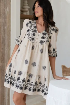 Patty Mini Dress - V-Neck Embroidered Babydoll Dress with 3/4 Sleeves in Solsana Print in Black><noscript><img width=