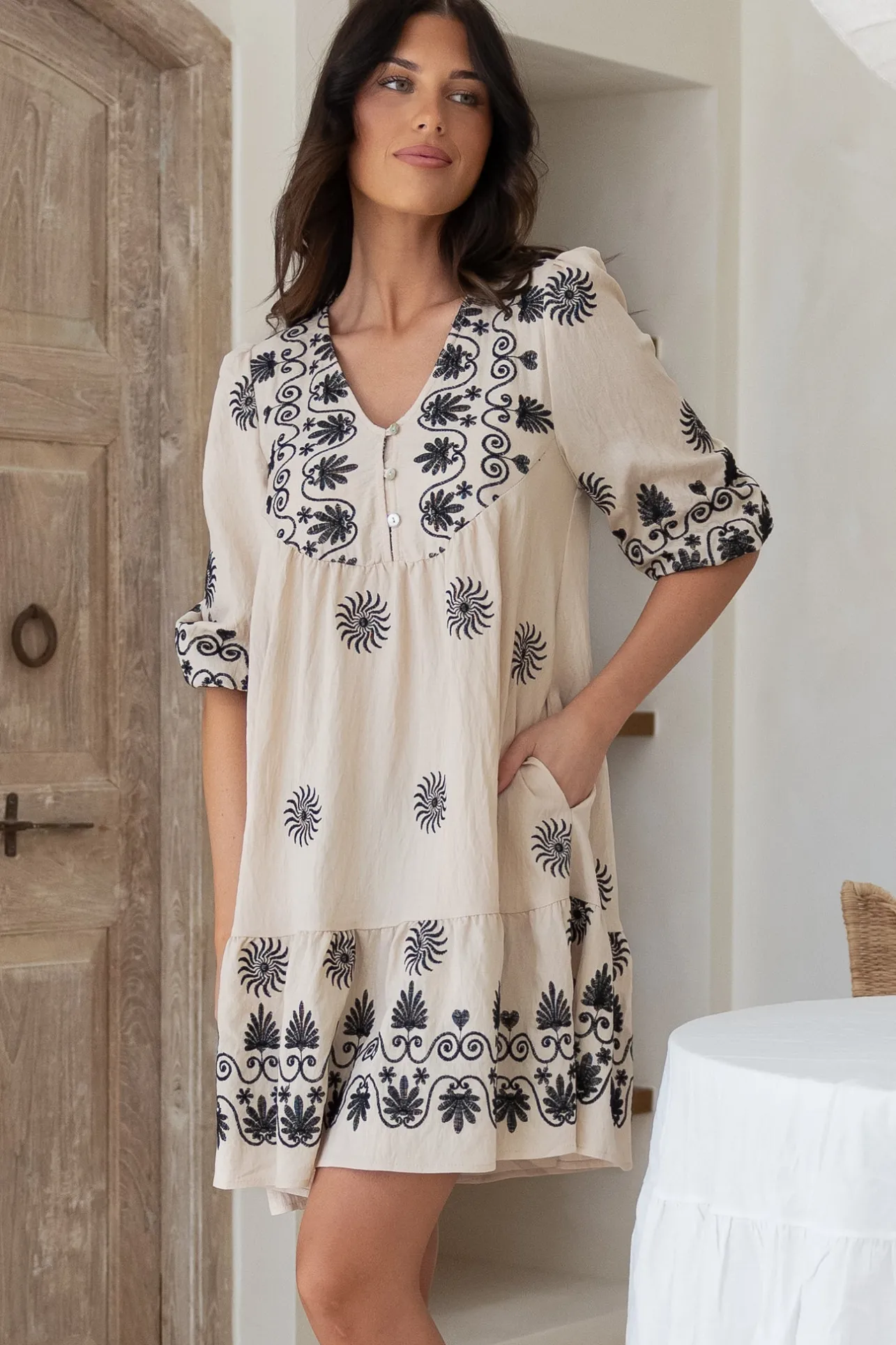 Patty Mini Dress - V-Neck Embroidered Babydoll Dress with 3/4 Sleeves in Solsana Print in Black>Salty Crush Discount