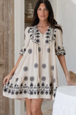 Patty Mini Dress - V-Neck Embroidered Babydoll Dress with 3/4 Sleeves in Solsana Print in Black><noscript><img width=