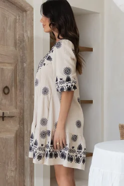 Patty Mini Dress - V-Neck Embroidered Babydoll Dress with 3/4 Sleeves in Solsana Print in Black><noscript><img width=
