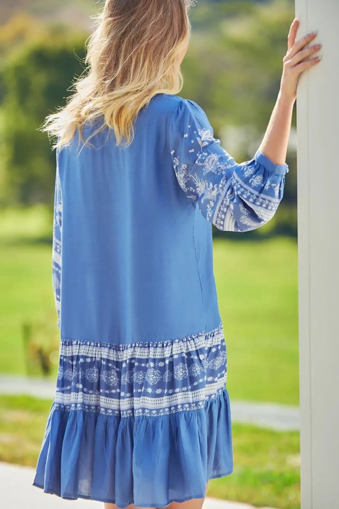 Payson Mini Dress - Border Print Button Down Balloon Sleeve Dress in Eshana Print Blue>Jaase Hot