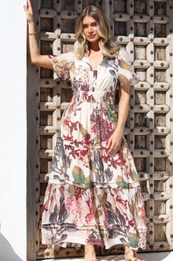 Payton Maxi Dress - Pleat Detailed A-Line Dress with Cap Flutter Sleeves in Leonor Print>Salty Crush Outlet