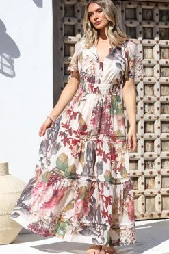 Payton Maxi Dress - Pleat Detailed A-Line Dress with Cap Flutter Sleeves in Leonor Print><noscript><img width=