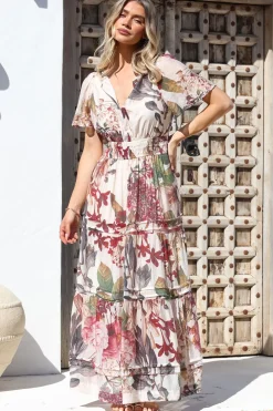 Payton Maxi Dress - Pleat Detailed A-Line Dress with Cap Flutter Sleeves in Leonor Print><noscript><img width=