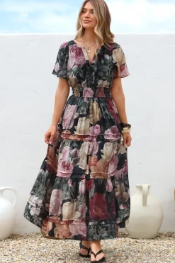Payton Maxi Dress - Pleat Detailed A-Line Dress with Cap Flutter Sleeves in Annalisa Print>Salty Crush Sale