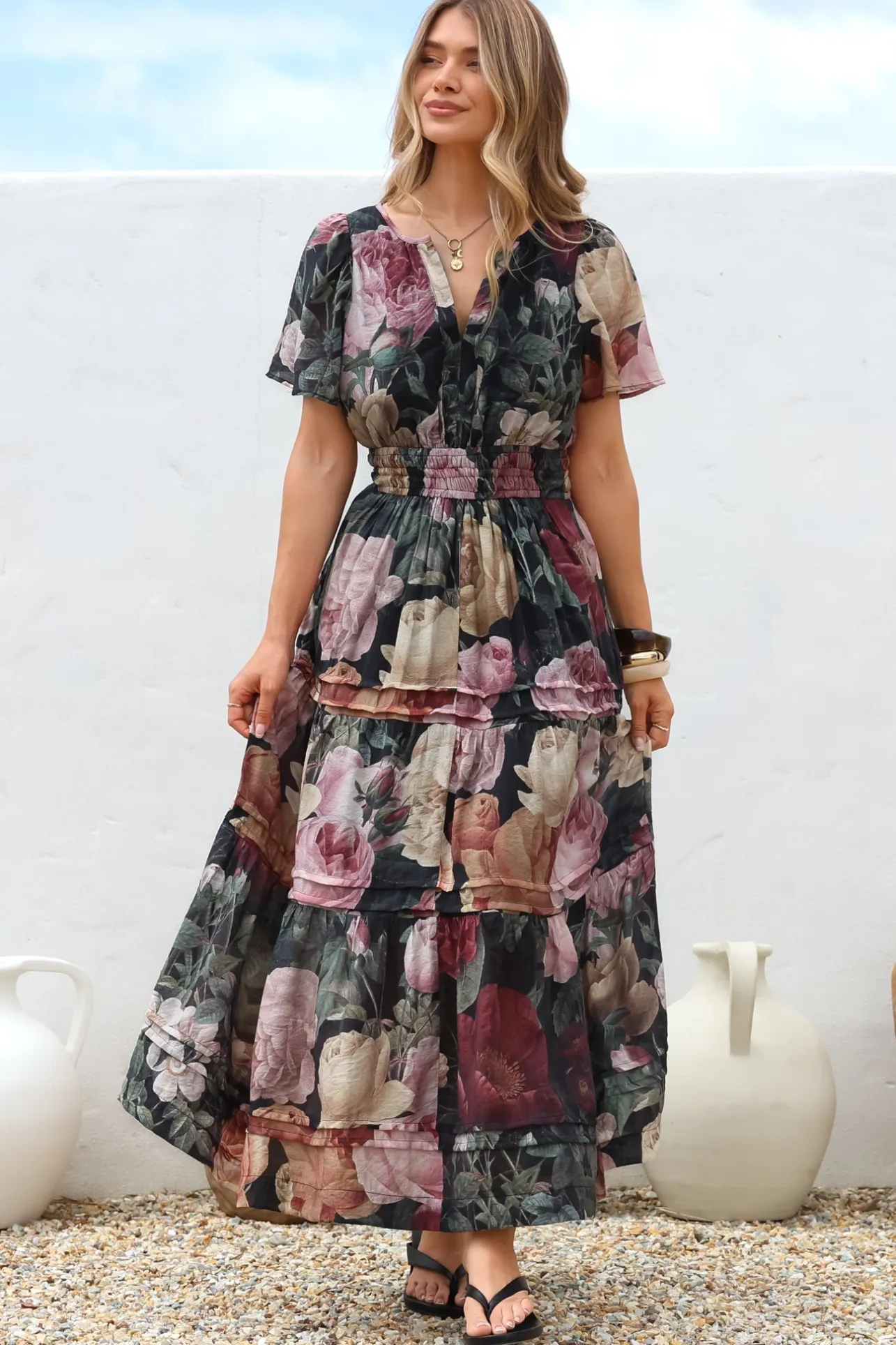 Payton Maxi Dress - Pleat Detailed A-Line Dress with Cap Flutter Sleeves in Annalisa Print>Salty Crush Sale