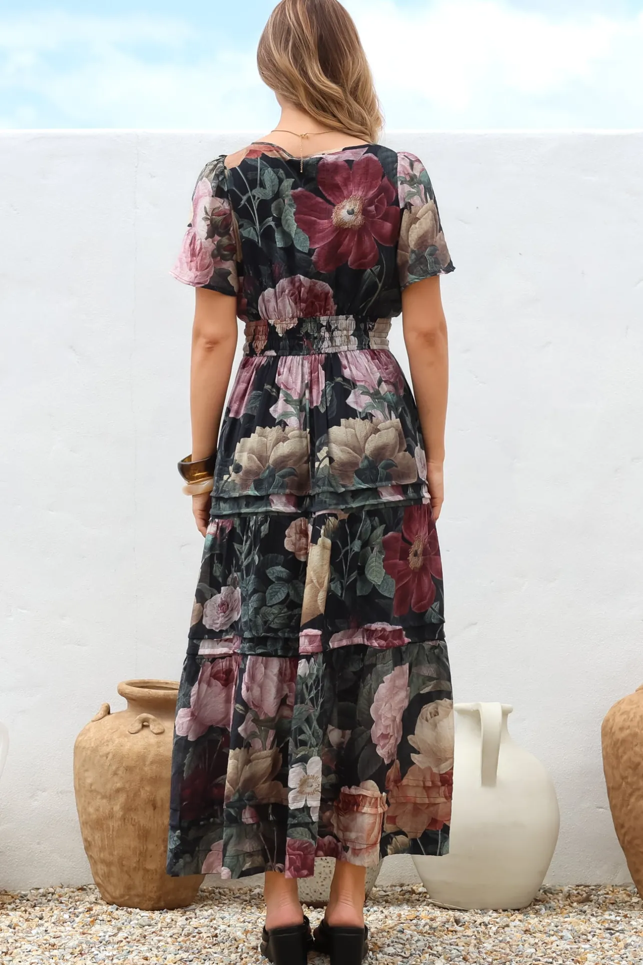 Payton Maxi Dress - Pleat Detailed A-Line Dress with Cap Flutter Sleeves in Annalisa Print>Salty Crush Sale
