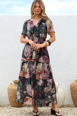 Payton Maxi Dress - Pleat Detailed A-Line Dress with Cap Flutter Sleeves in Annalisa Print><noscript><img width=