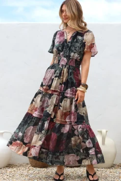 Payton Maxi Dress - Pleat Detailed A-Line Dress with Cap Flutter Sleeves in Annalisa Print><noscript><img width=
