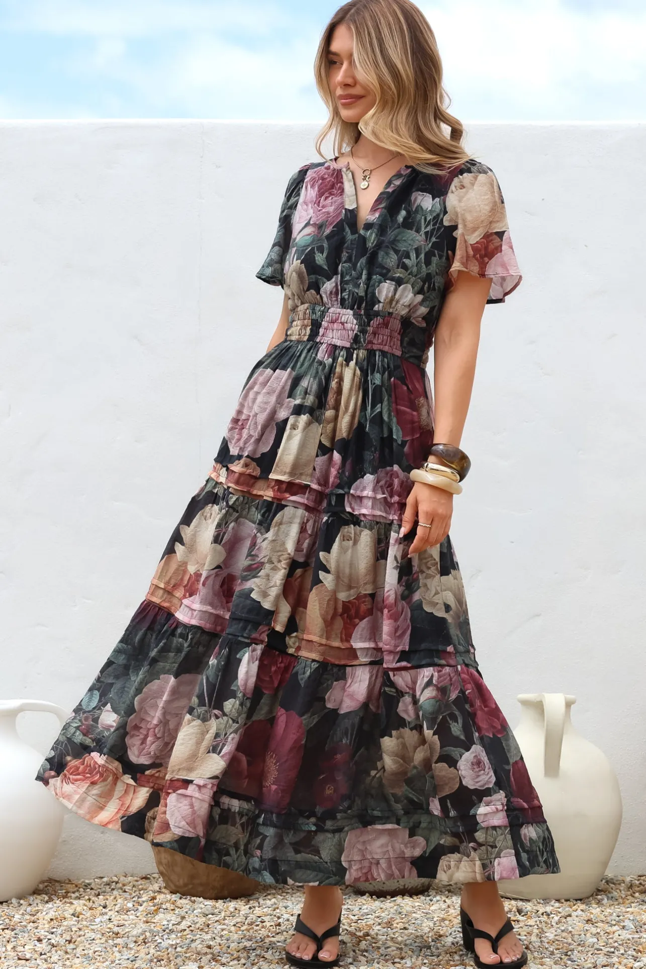 Payton Maxi Dress - Pleat Detailed A-Line Dress with Cap Flutter Sleeves in Annalisa Print>Salty Crush Sale
