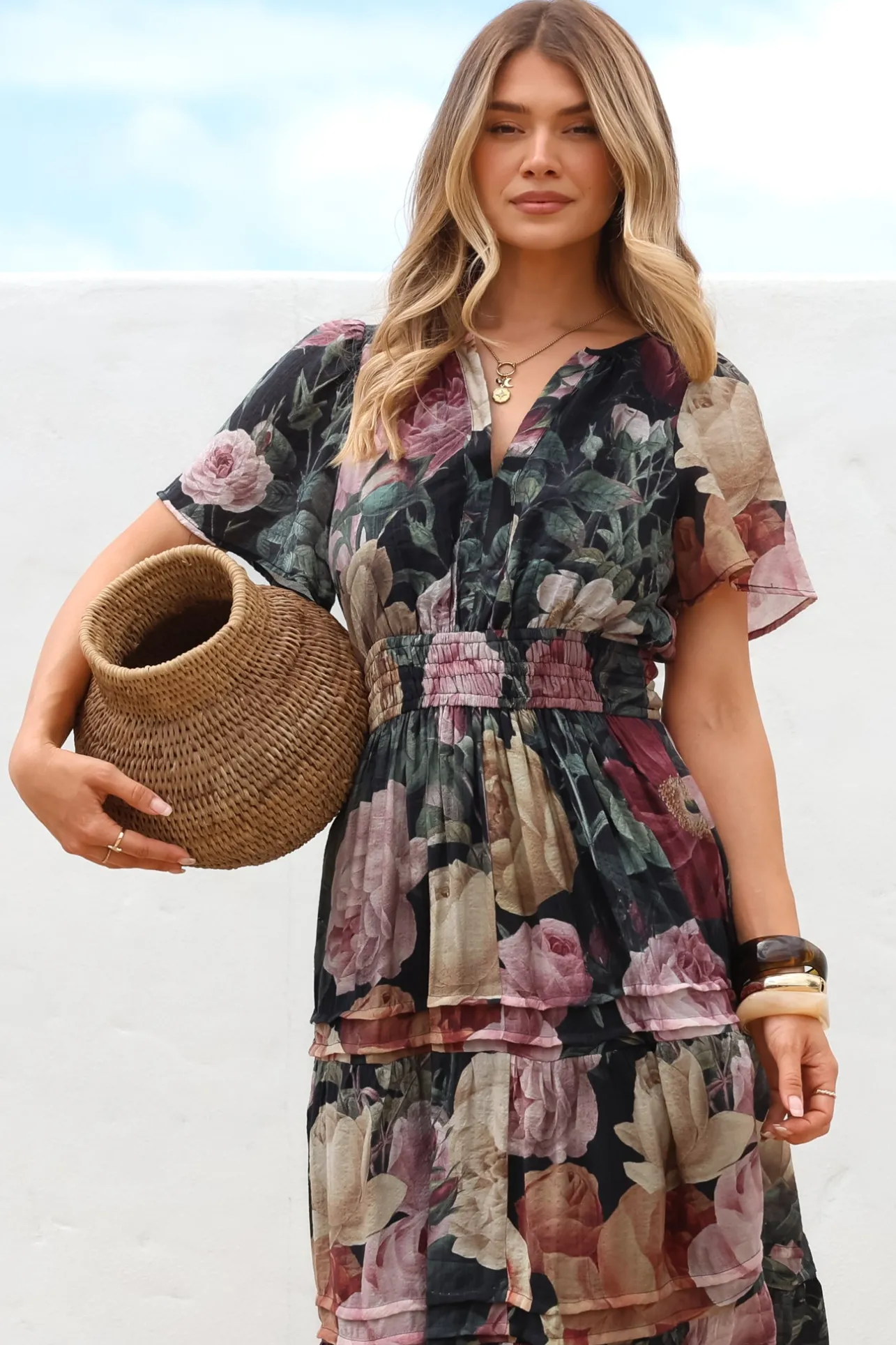 Payton Maxi Dress - Pleat Detailed A-Line Dress with Cap Flutter Sleeves in Annalisa Print>Salty Crush Sale