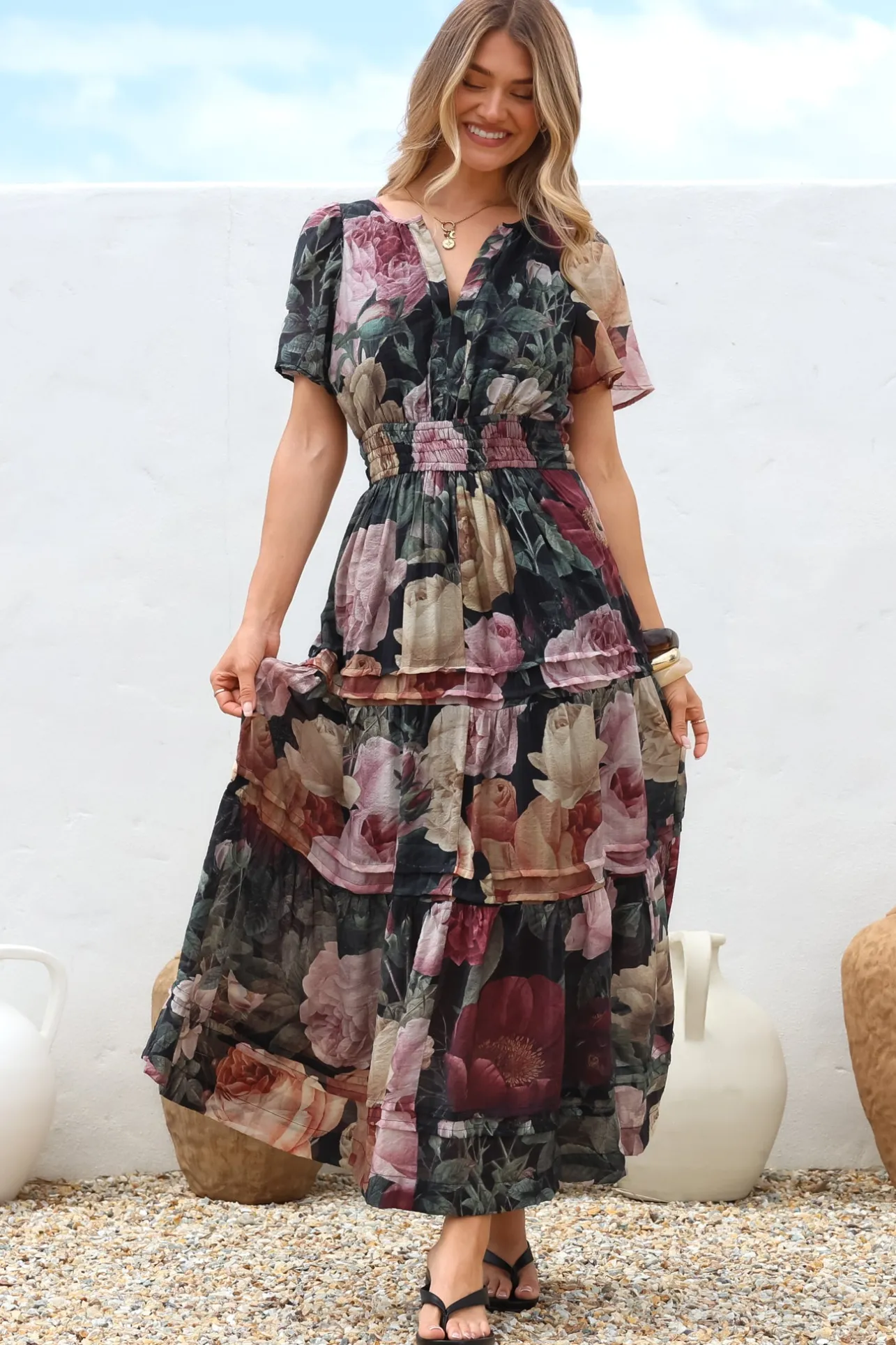 Payton Maxi Dress - Pleat Detailed A-Line Dress with Cap Flutter Sleeves in Annalisa Print>Salty Crush Sale