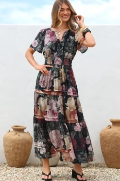 Payton Maxi Dress - Pleat Detailed A-Line Dress with Cap Flutter Sleeves in Annalisa Print><noscript><img width=