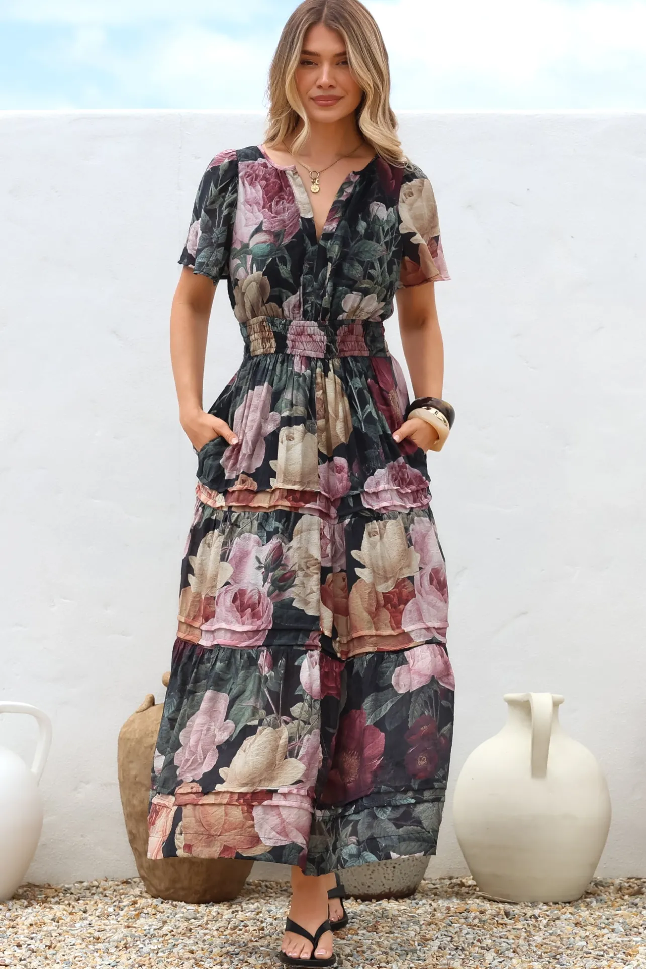 Payton Maxi Dress - Pleat Detailed A-Line Dress with Cap Flutter Sleeves in Annalisa Print>Salty Crush Sale
