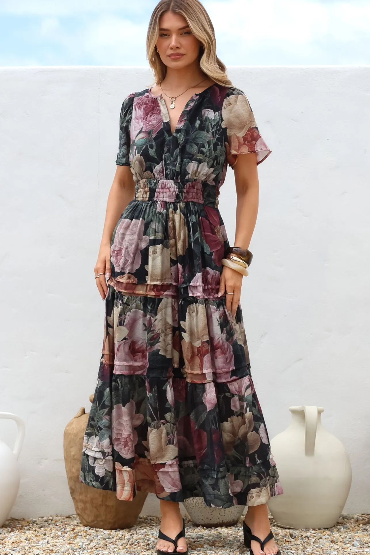 Payton Maxi Dress - Pleat Detailed A-Line Dress with Cap Flutter Sleeves in Annalisa Print>Salty Crush Sale