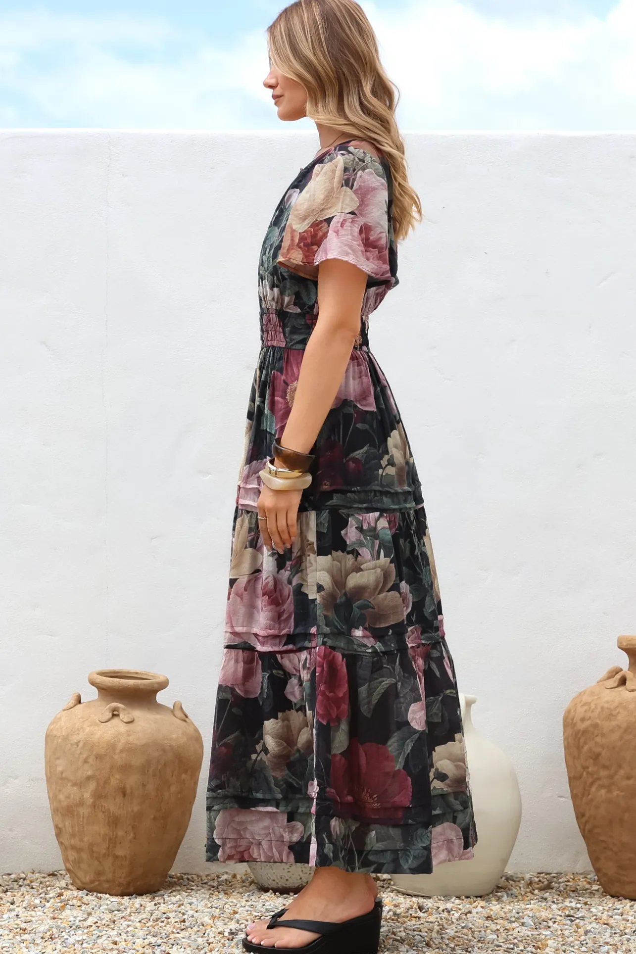 Payton Maxi Dress - Pleat Detailed A-Line Dress with Cap Flutter Sleeves in Annalisa Print>Salty Crush Sale