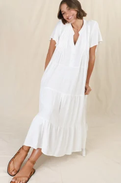 Peggy Midi Dress - Relaxed Mandarin Collar Pleated Bust Tiered Linen Dress in White><noscript><img width=