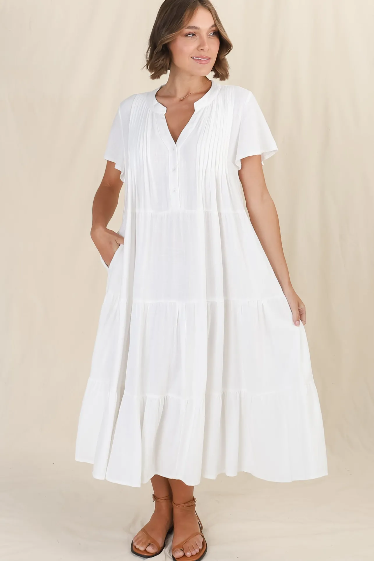 Peggy Midi Dress - Relaxed Mandarin Collar Pleated Bust Tiered Linen Dress in White>Salty Crush Outlet