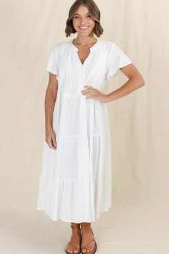Peggy Midi Dress - Relaxed Mandarin Collar Pleated Bust Tiered Linen Dress in White><noscript><img width=