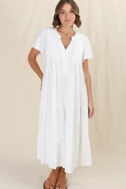 Peggy Midi Dress - Relaxed Mandarin Collar Pleated Bust Tiered Linen Dress in White><noscript><img width=