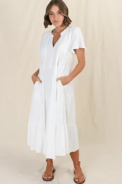 Peggy Midi Dress - Relaxed Mandarin Collar Pleated Bust Tiered Linen Dress in White><noscript><img width=