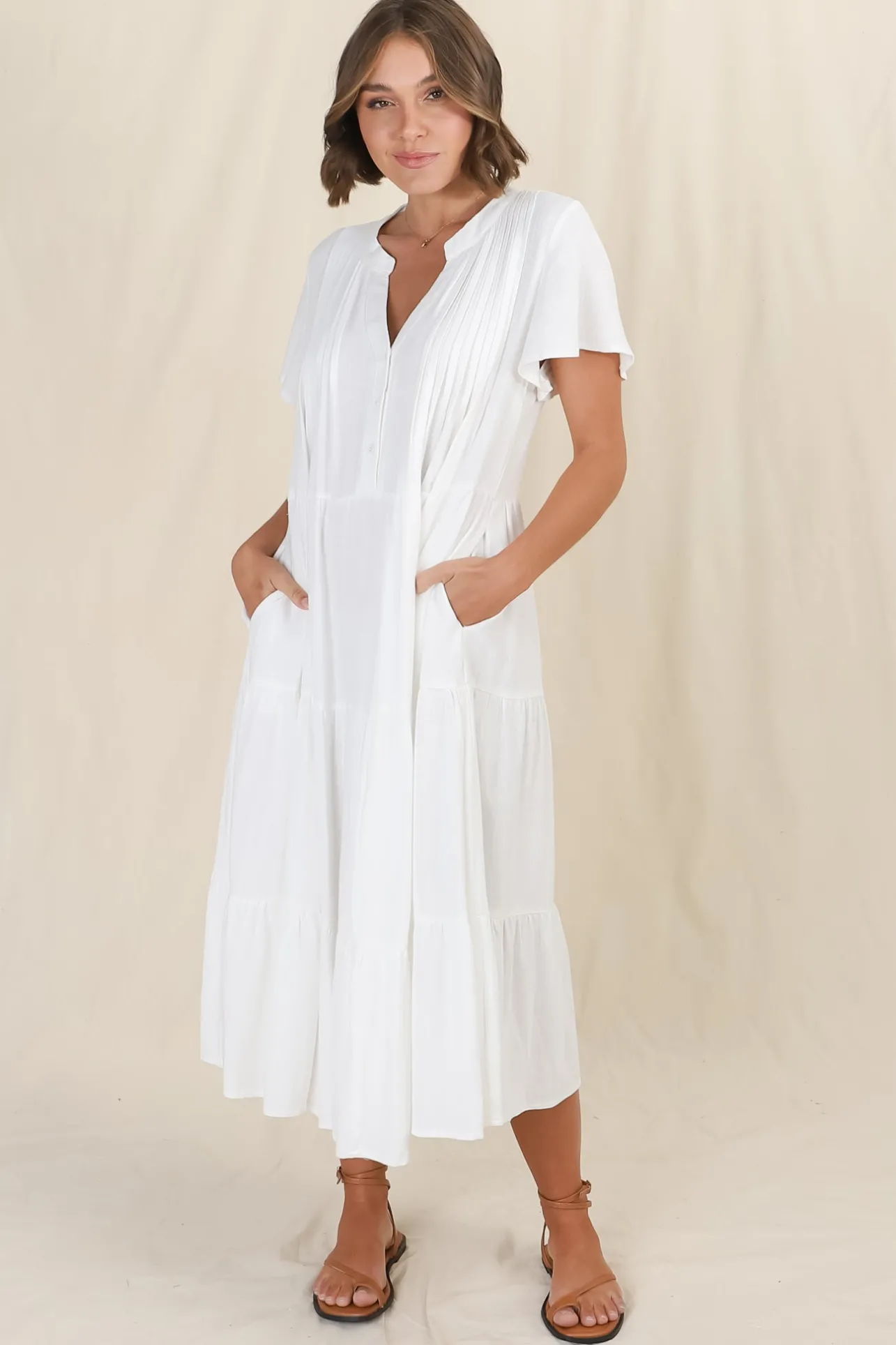 Peggy Midi Dress - Relaxed Mandarin Collar Pleated Bust Tiered Linen Dress in White>Salty Crush Outlet