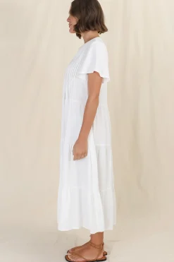 Peggy Midi Dress - Relaxed Mandarin Collar Pleated Bust Tiered Linen Dress in White><noscript><img width=